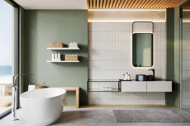 Elegant bathroom design with sage green walls and vertical tiles Elegant bathroom design with sage green walls and vertical tiles