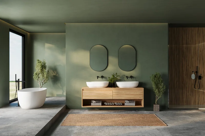 Modern sage green bathroom remodeling with double sink wooden vanity Modern sage green bathroom remodeling with double sink wooden vanity