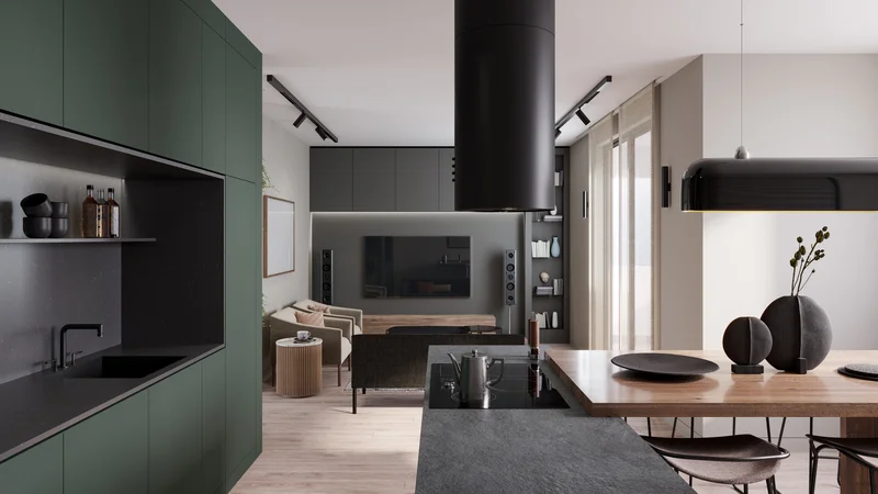 Contemporary kitchen design with dark green cabinets and concrete island