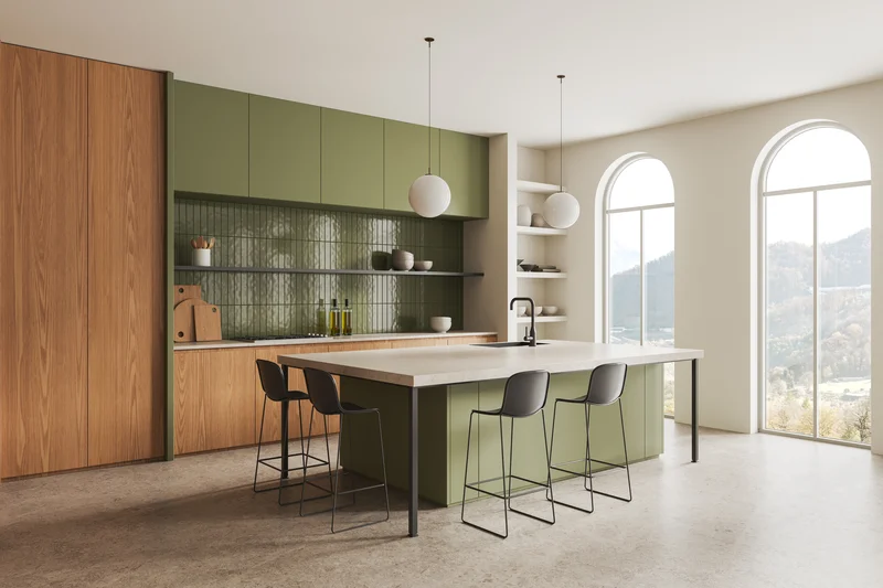 Modern kitchen remodel with olive green cabinets and white island countertops Modern kitchen remodel with olive green cabinets and white island countertops