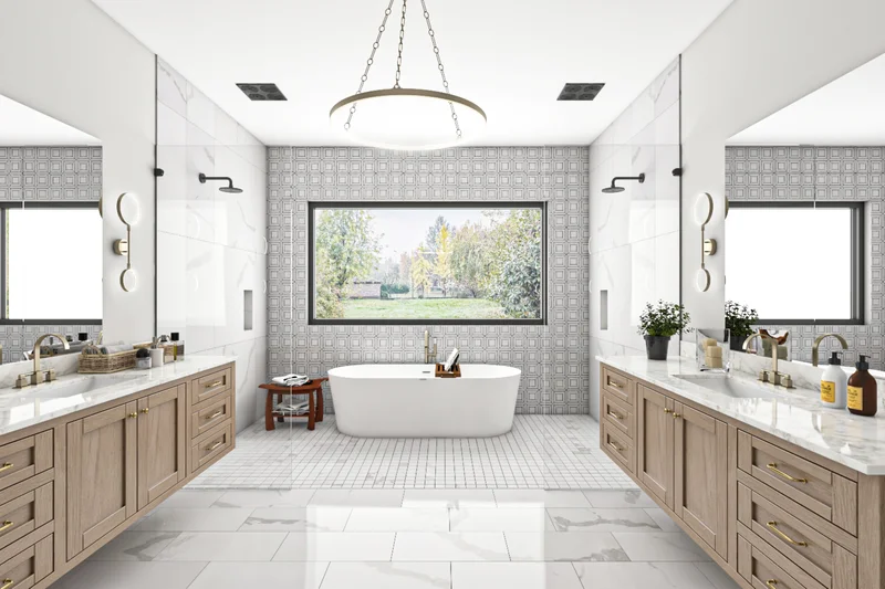 Modern luxury bathroom remodel featuring custom wood vanities. Modern luxury bathroom remodel featuring custom wood vanities.