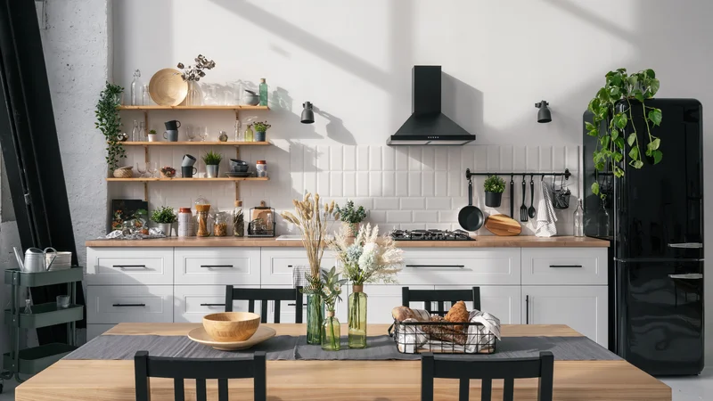 Contemporary kitchen remodeling featuring white cabinets and black accents.